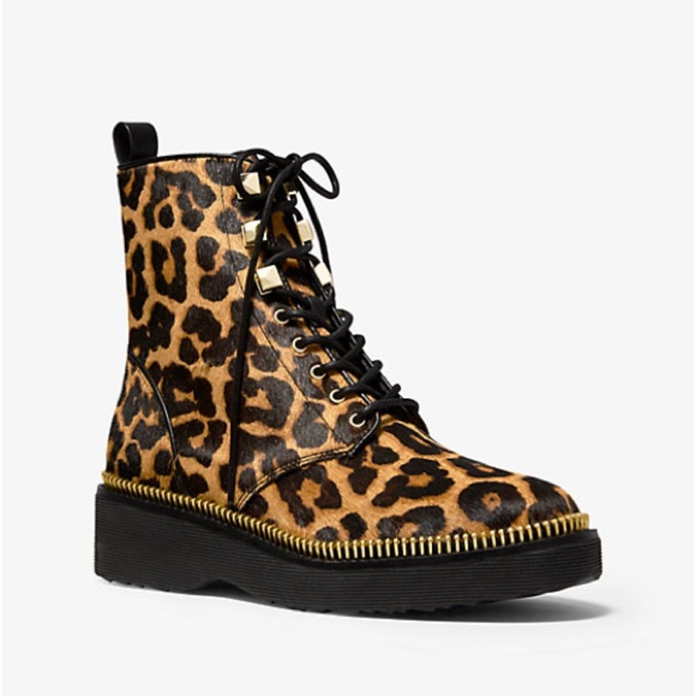 New - MICHAEL KORS Haskell Leopard Calf Hair Combat Boot - Picture 1 of 4